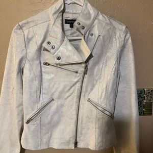 White grunge faux leather Jacket size small by Bebe
